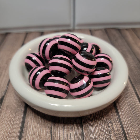 20mm Pink and Black Stripe Beads