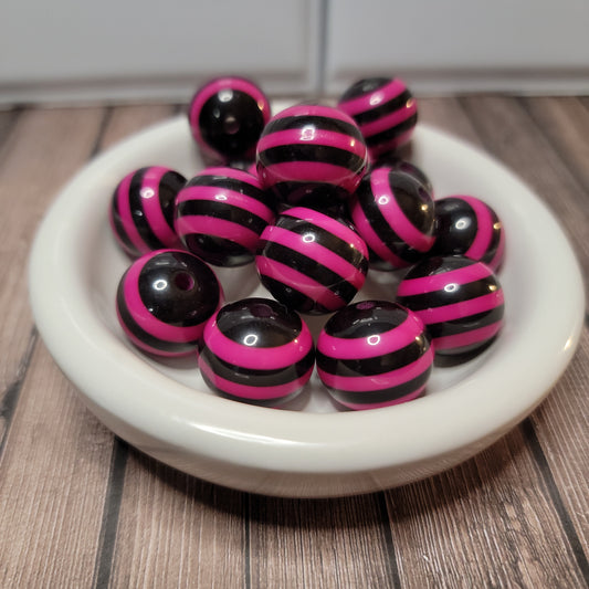20mm Hot Pink and Black Stripe Beads