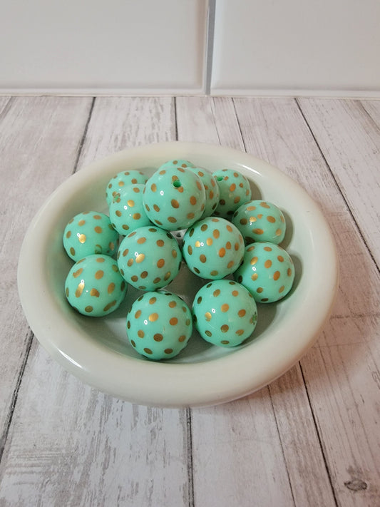 20mm Mint and Gold Polka Dot Beads